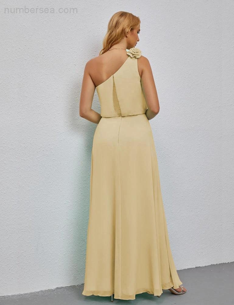 Ruffled One Shoulder Sleeveless Long Bridesmaid Dresses A-line Formal Evening Gown Side Split 28080 by numbersea
