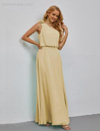 Ruffled One Shoulder Sleeveless Long Bridesmaid Dresses A-line Formal Evening Gown Side Split 28080 by numbersea