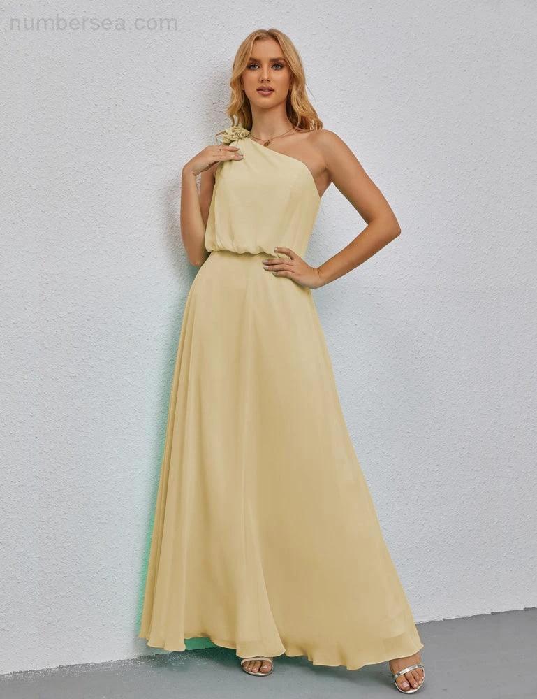 Ruffled One Shoulder Sleeveless Long Bridesmaid Dresses A-line Formal Evening Gown Side Split 28080 by numbersea