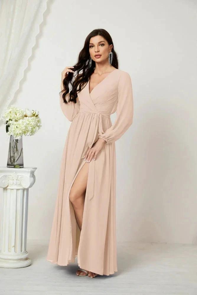 Sunnderly Evening Dresses Deep V-Neck Chiffon Bridesmaid Dresses Long Bishop Sleeve Side Split Formal Dress SY2806 by numbersea