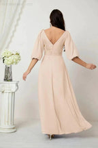 Numbersea Formal Prom Gown Women V-Neck Chiffon Bridesmaid Dresses Long Bishop Sleeve Party Dress 2807 by numbersea
