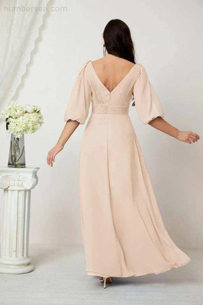 Numbersea Formal Prom Gown Women V-Neck Chiffon Bridesmaid Dresses Long Bishop Sleeve Party Dress 2807 by numbersea