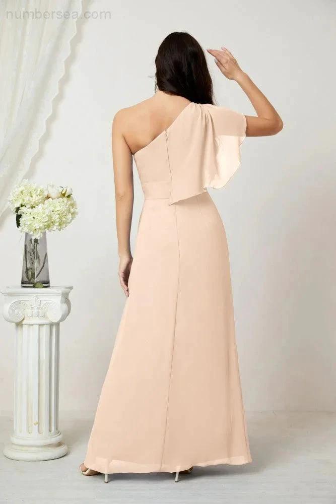 Numbersea Chiffon Ruffled One Shoulder Long Bridesmaid Dresses A-line Formal Evening Gown Side Split 2809 by numbersea