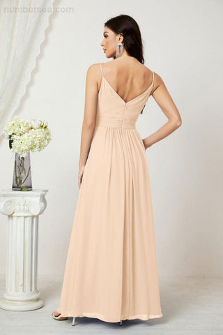 Numbersea Chiffon V-Neck Bridesmaid Dress Spaghetti Strap Long Formal Party Prom Gowns with Slit 28010