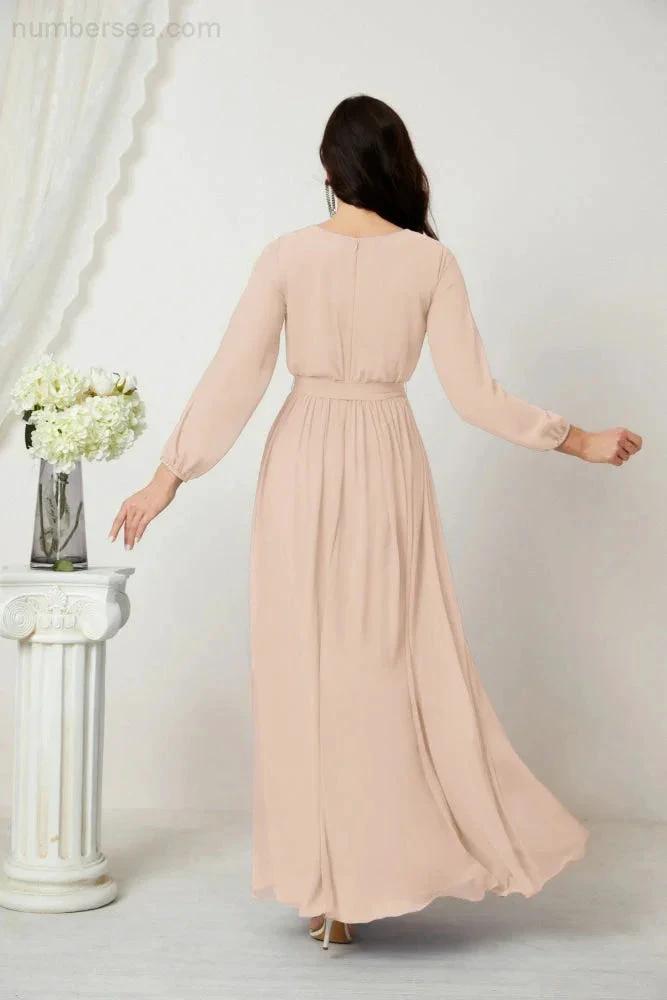 Sunnderly Evening Dresses Deep V-Neck Chiffon Bridesmaid Dresses Long Bishop Sleeve Side Split Formal Dress SY2806 by numbersea