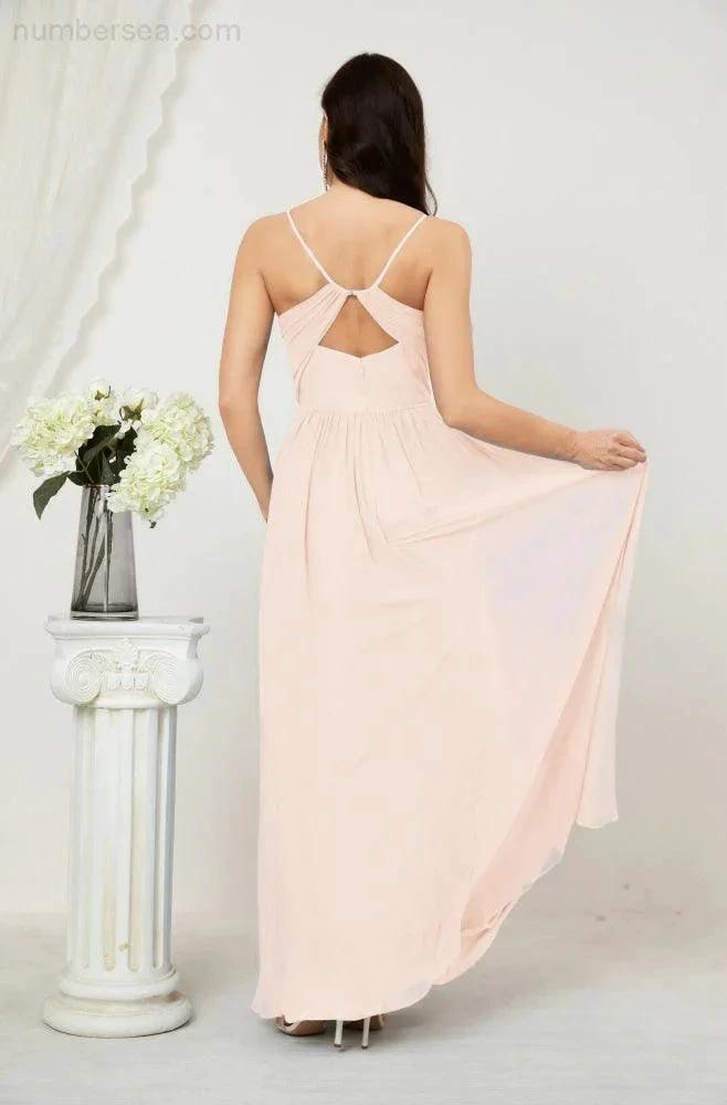 Numbersea Neck Bridesmaid Dresses Chiffon Long Spaghetti A-line Formal Prom Gown for Wedding Party Evening 2801 by numbersea
