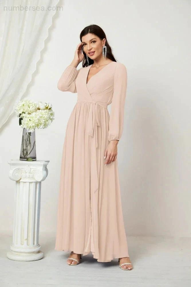 Sunnderly Evening Dresses Deep V-Neck Chiffon Bridesmaid Dresses Long Bishop Sleeve Side Split Formal Dress SY2806 by numbersea