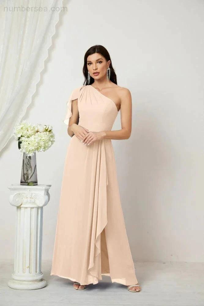 Numbersea Chiffon Ruffled One Shoulder Long Bridesmaid Dresses A-line Formal Evening Gown Side Split 2809 by numbersea