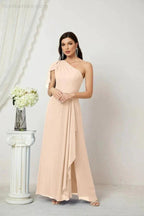 Numbersea Chiffon Ruffled One Shoulder Long Bridesmaid Dresses A-line Formal Evening Gown Side Split 2809 by numbersea