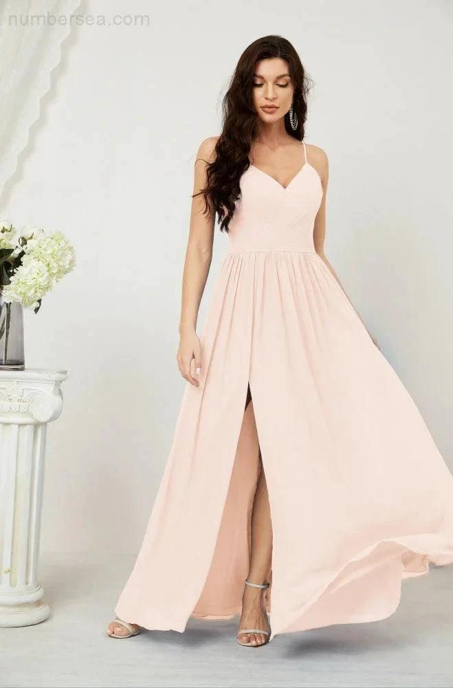 Numbersea Neck Bridesmaid Dresses Chiffon Long Spaghetti A-line Formal Prom Gown for Wedding Party Evening 2801 by numbersea