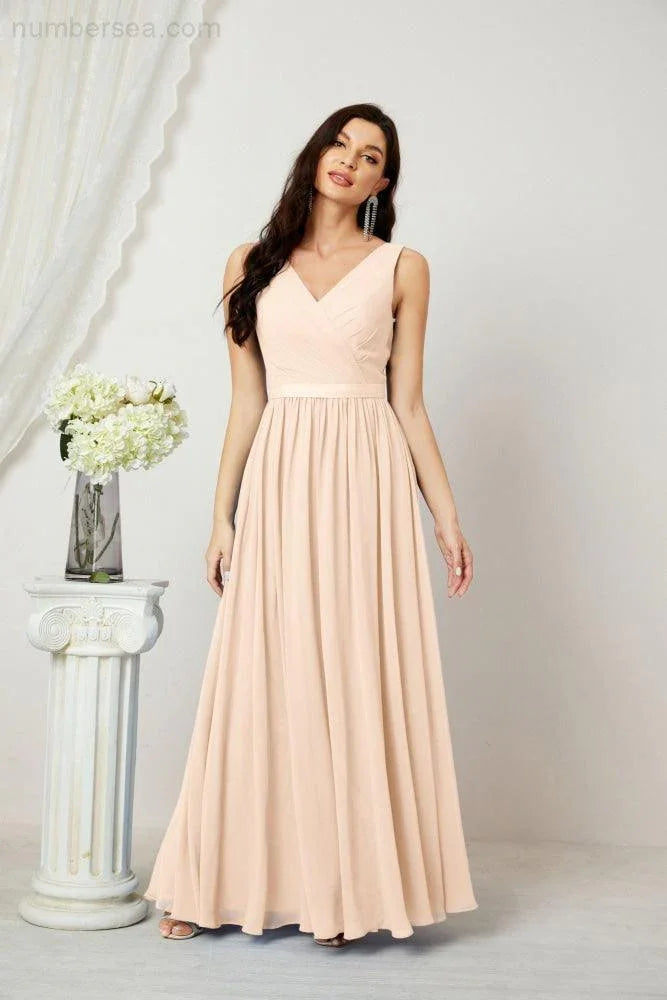 Vestidos longos de chiffon para damas de honor, corte em A, sem mangas, vestido formal de baile para festa à noite, vestidos para baile de boas-vindas 2808