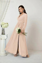 Sunnderly Evening Dresses Deep V-Neck Chiffon Bridesmaid Dresses Long Bishop Sleeve Side Split Formal Dress SY2806 by numbersea