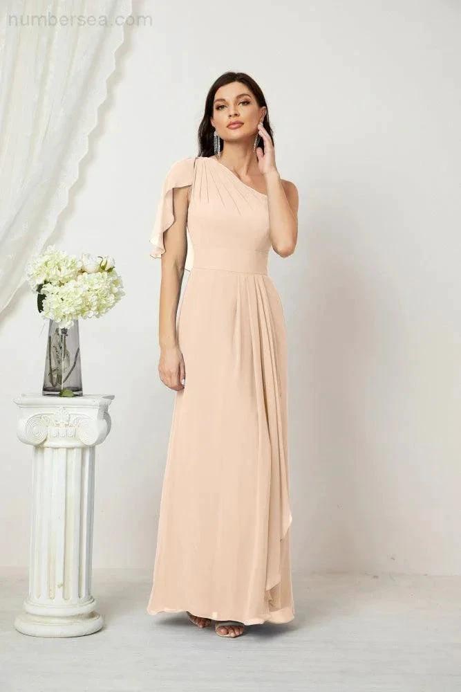 Numbersea Chiffon Ruffled One Shoulder Long Bridesmaid Dresses A-line Formal Evening Gown Side Split 2809 by numbersea