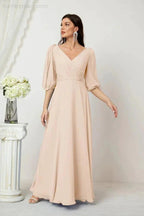 Numbersea Formal Prom Gown Women V-Neck Chiffon Bridesmaid Dresses Long Bishop Sleeve Party Dress 2807 by numbersea