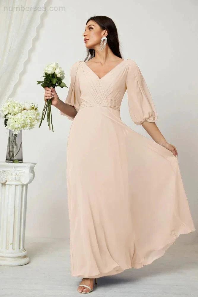 Numbersea Formal Prom Gown Women V-Neck Chiffon Bridesmaid Dresses Long Bishop Sleeve Party Dress 2807 by numbersea