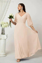 Numbersea Formal Prom Gown Women V-Neck Chiffon Bridesmaid Dresses Long Bishop Sleeve Party Dress 2807 by numbersea