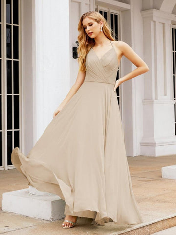 Numbersea Halter Chiffon Bridesmaid Dresses Wedding Appare Sleeveless Formal Prom Dress with Ruffled Back 28035