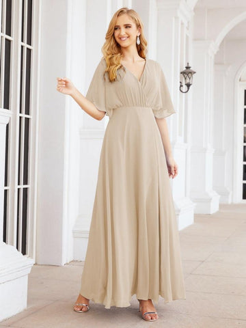 Numbersea V-Neck Bridesmaid Dress Chiffon Long Open Back Formal Dresses for Women Party Evening 28067