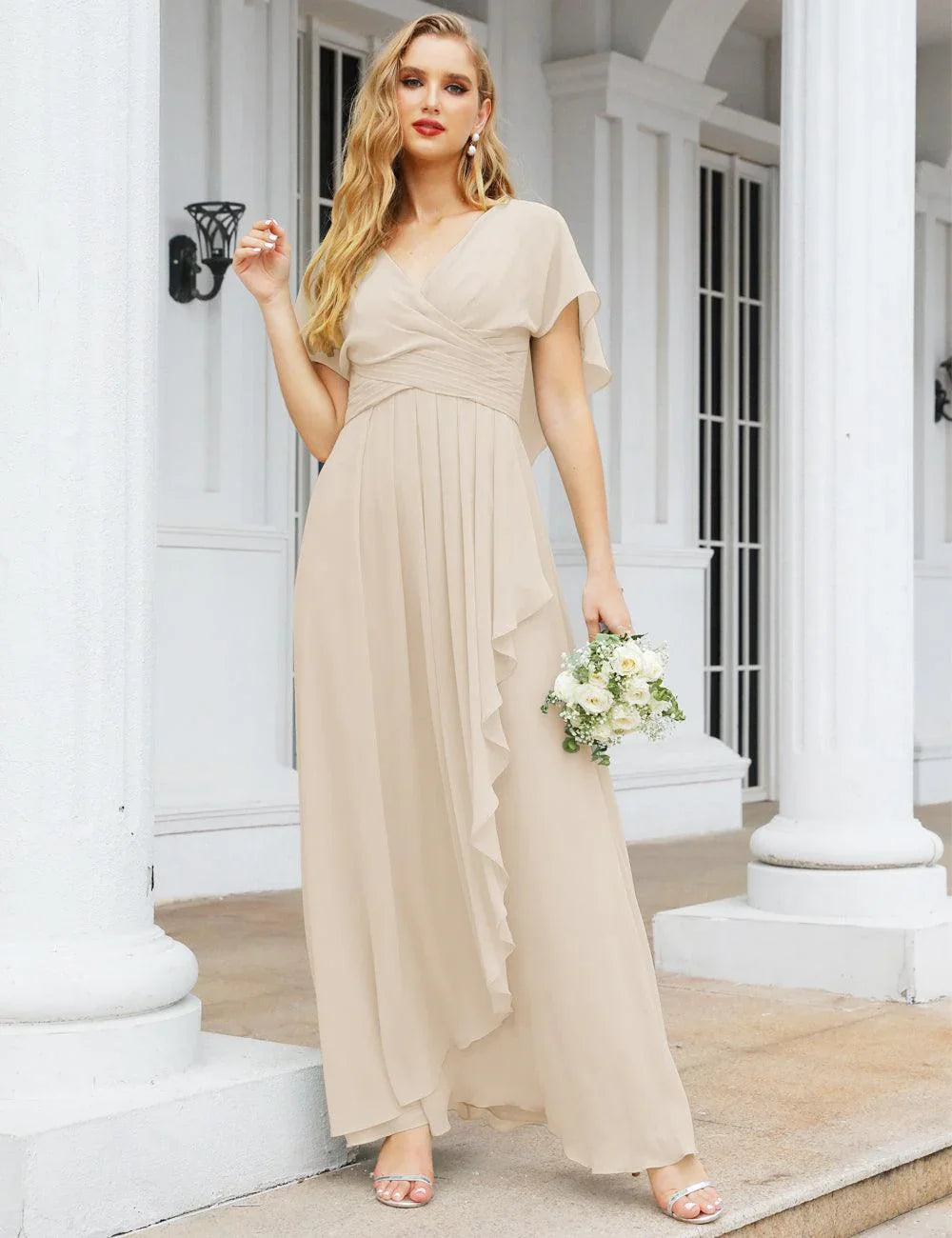 Numbersea Chiffon Bridesmaid Dresses Long Formal Evening Prom Mother of The Bride Dress with Flutter Sleeve     SEA28040