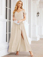 Numbersea Off The Shoulder Chiffon Bridesmaid Dress Long Formal Graduation Gown with Cowl Back 28069 by numbersea