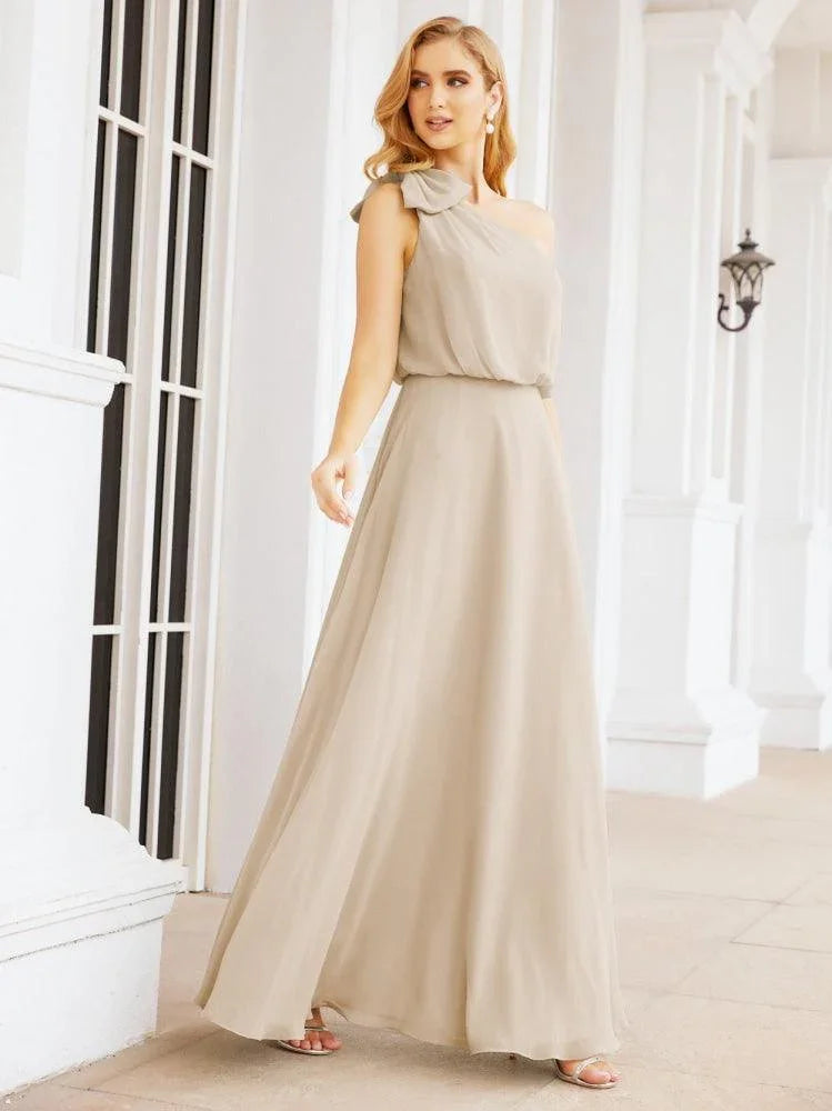 Numbersea Robe longue de mariée en mousseline à volants, une épaule, sans manches, coupe en A, robe de soirée formelle avec fente latérale 28057