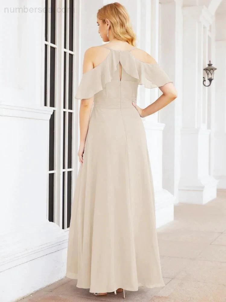 Numbersea Cold Shoulder Long Bridesmaid Dresses Side Slit Formal Prom Gowns Party Wedding 28070 by numbersea