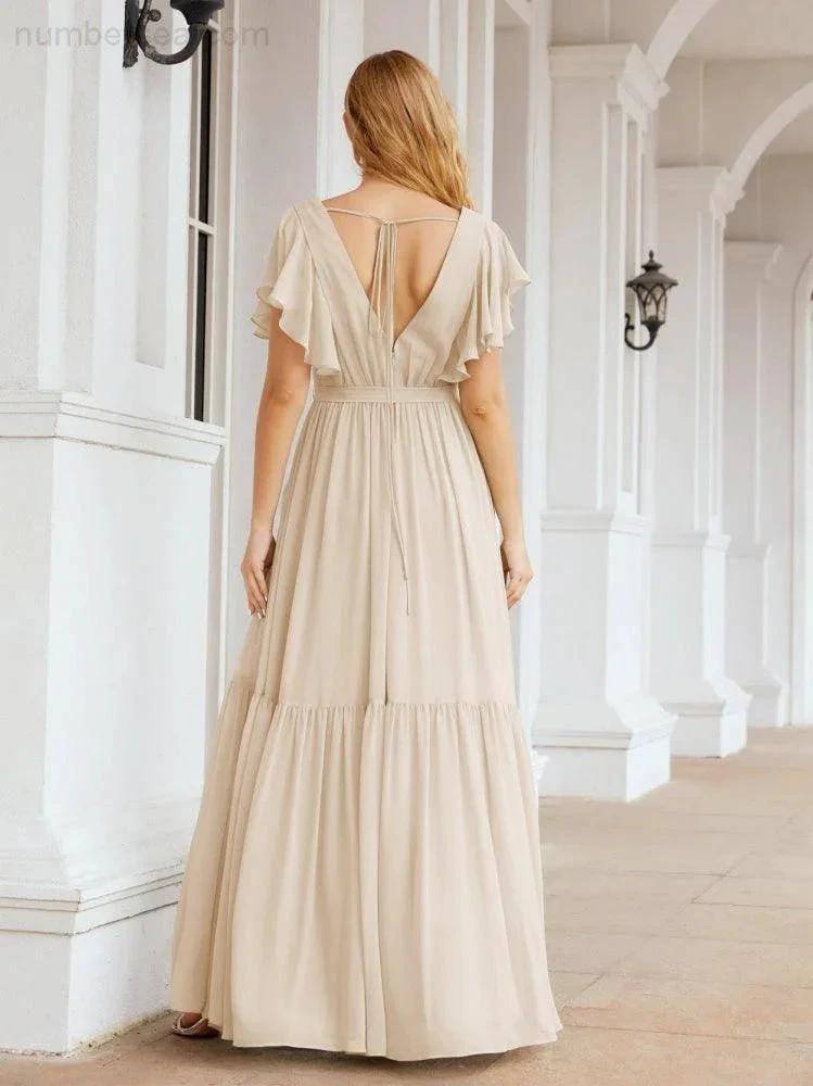 Numbersea Women's Open Back Formal Evening Party Prom Gowns V-Neck Long Chiffon Bridesmaid Dresses with Waist Belt 28038 by numbersea