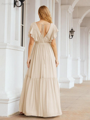 Numbersea Women's Open Back Formal Evening Party Prom Gowns V-Neck Long Chiffon Bridesmaid Dresses with Waist Belt 28038