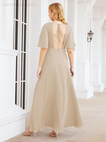 Numbersea V-Neck Bridesmaid Dress Chiffon Long Open Back Formal Dresses for Women Party Evening 28067