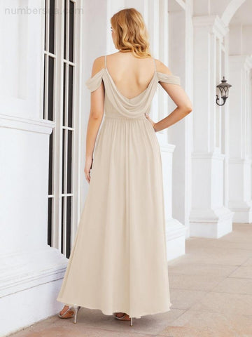 Numbersea Off The Shoulder Chiffon Bridesmaid Dress Long Formal Graduation Gown with Cowl Back 28069