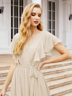 Numbersea Women's Open Back Formal Evening Party Prom Gowns V-Neck Long Chiffon Bridesmaid Dresses with Waist Belt 28038 by numbersea