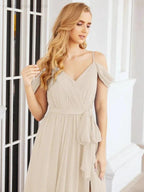 Numbersea Off The Shoulder Chiffon Bridesmaid Dress Long Formal Graduation Gown with Cowl Back 28069 by numbersea