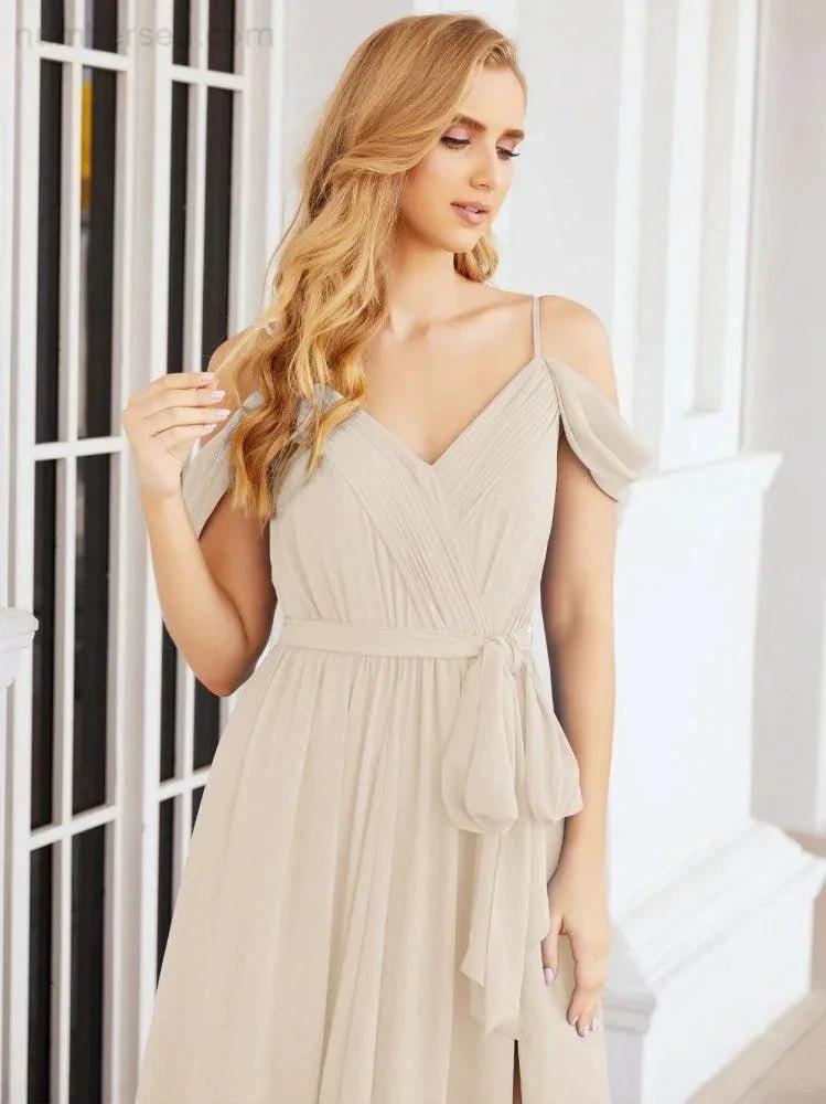 Numbersea Off The Shoulder Chiffon Bridesmaid Dress Long Formal Graduation Gown with Cowl Back 28069 by numbersea