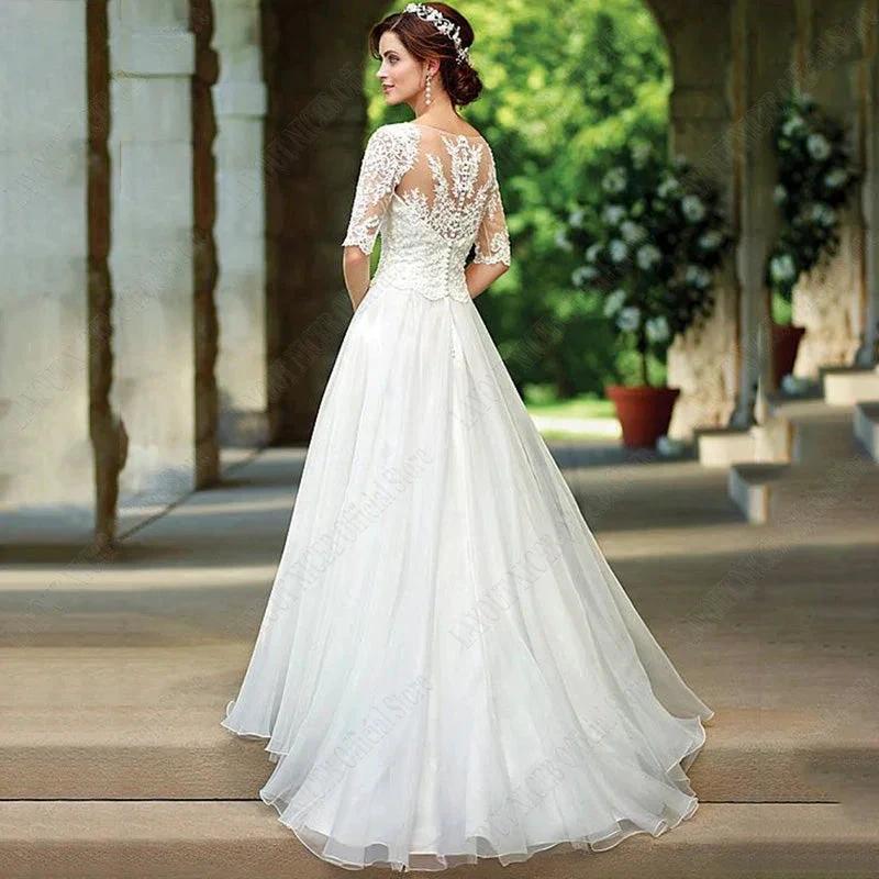 Lace Half Sleeves Wedding Dress For Bridal Illusion Appliques Buttons Back robe de mariée grande taille Custom Made by payinti