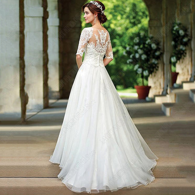 Lace Half Sleeves Wedding Dress For Bridal Illusion Appliques Buttons Back robe de mariée grande taille Custom Made Main Image