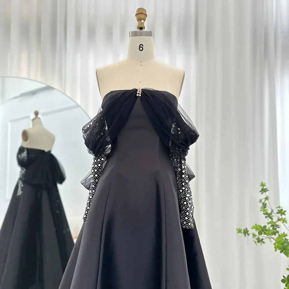 Elegant strapless black evening gown with lace and tulle details on mannequin, ZAPDRESS