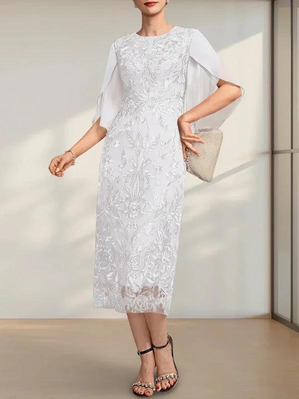 Sheath/Column Scoop Tea-Length Lace Chiffon Mother of the Bride Dress by Dreamylily