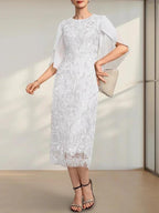 Sheath/Column Scoop Tea-Length Lace Chiffon Mother of the Bride Dress by Dreamylily