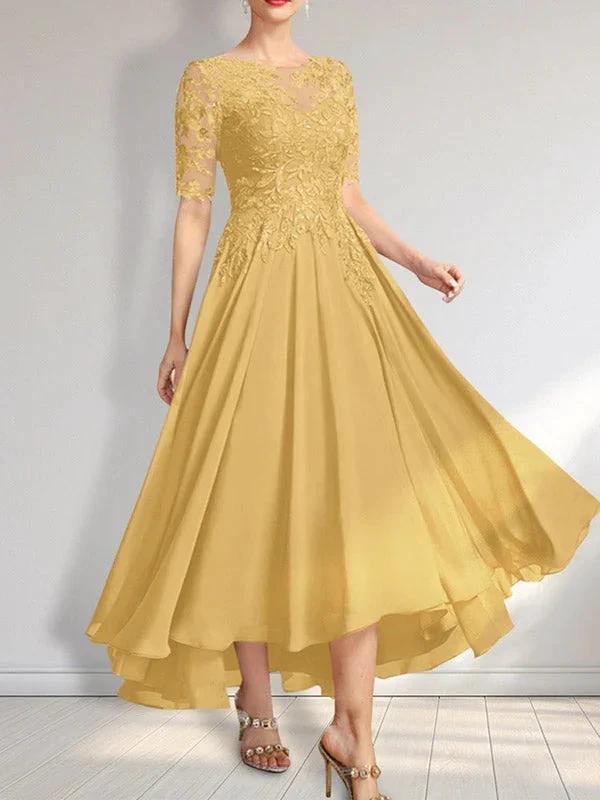 A-line Scoop Illusion Asymmetrical Chiffon Lace Mother of the Bride Dress With Sequins by Dreamylily