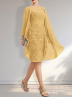 Sheath Scoop Illusion Knee-Length Lace Chiffon Mother of the Bride Dress With Cascading Ruffles Sequins
