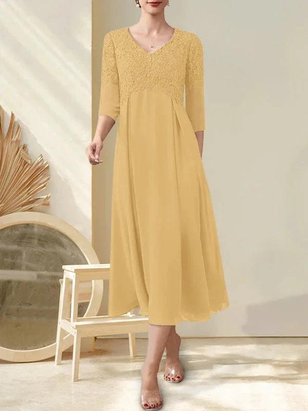 A-line V-Neck Tea-Length Chiffon Lace Mother of the Bride Dress With Beading by Dreamylily