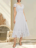 A-line Illusion Scoop Tea-Length Lace Chiffon Mother of the Bride Dress With Sequins by Dreamylily