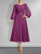 A-line Scoop Tea-Length Chiffon Mother of the Bride Dress With Crystal Brooch Pleated by Dreamylily