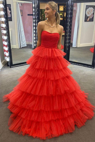 Daleyza | Vestido de fiesta de tul escalonado, sin tirantes y con volantes, corte A
