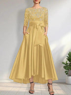 A-line Scoop Illusion Asymmetrical Satin Lace Mother of the Bride Dress With Bow by Dreamylily