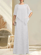 Vestido de madre de la novia de gasa con encaje, escote redondo y largo hasta el suelo, con lentejuelas y abalorios