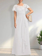 A-line Asymmetrical Illusion Floor-Length Lace Chiffon Mother of the Bride Dress With Cascading Ruffles Sequins by Dreamylily