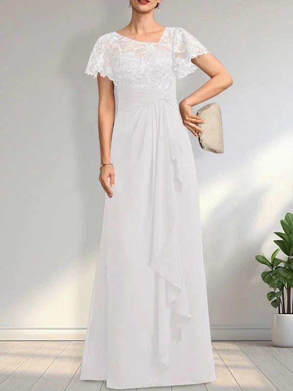 A-line Asymmetrical Illusion Floor-Length Lace Chiffon Mother of the Bride Dress With Cascading Ruffles Sequins by Dreamylily