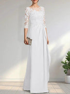 A-line Scoop Illusion Floor-Length Chiffon Lace Mother of the Bride Dress With Beading Sequins Cascading Ruffles by Dreamylily