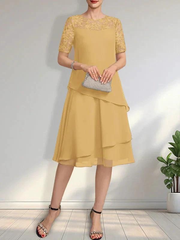 A-line Scoop Illusion Knee-Length Lace Chiffon Mother of the Bride Dress With Sequins by Dreamylily